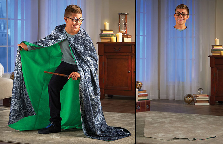   HARRY POTTER INVISIBILITY CLOAK: Inspired by the Wizarding World of Harry Potter, this invisibility cloak uses a free iOS/Android app and green screen technology to produce the illusion of invisibility on a smartphone or device. For ages 6 and up. 