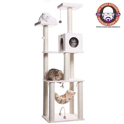   ARMARKAT CLASSIC CAT TREE: This Cat Daddy Approved five tiered cat tree has a tent playhouse, ten 100% cured sisal scratching posts, two thick sisal rope toys, hammock and two hanging toys. $248. Petco.   