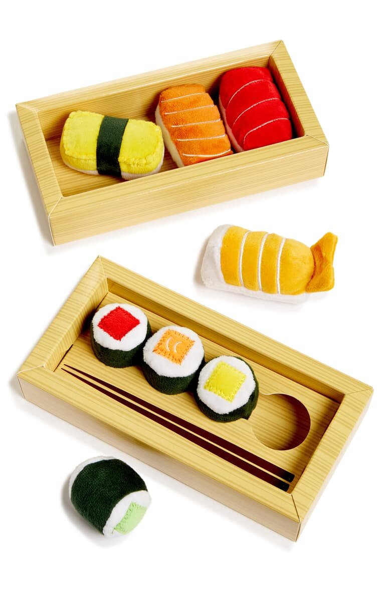   SUSHI SET OF 8 CAT TOYS: Plush toys made to look like sushi and filled with crinkled paper, bells and catnip. $39. Nordstrom.    