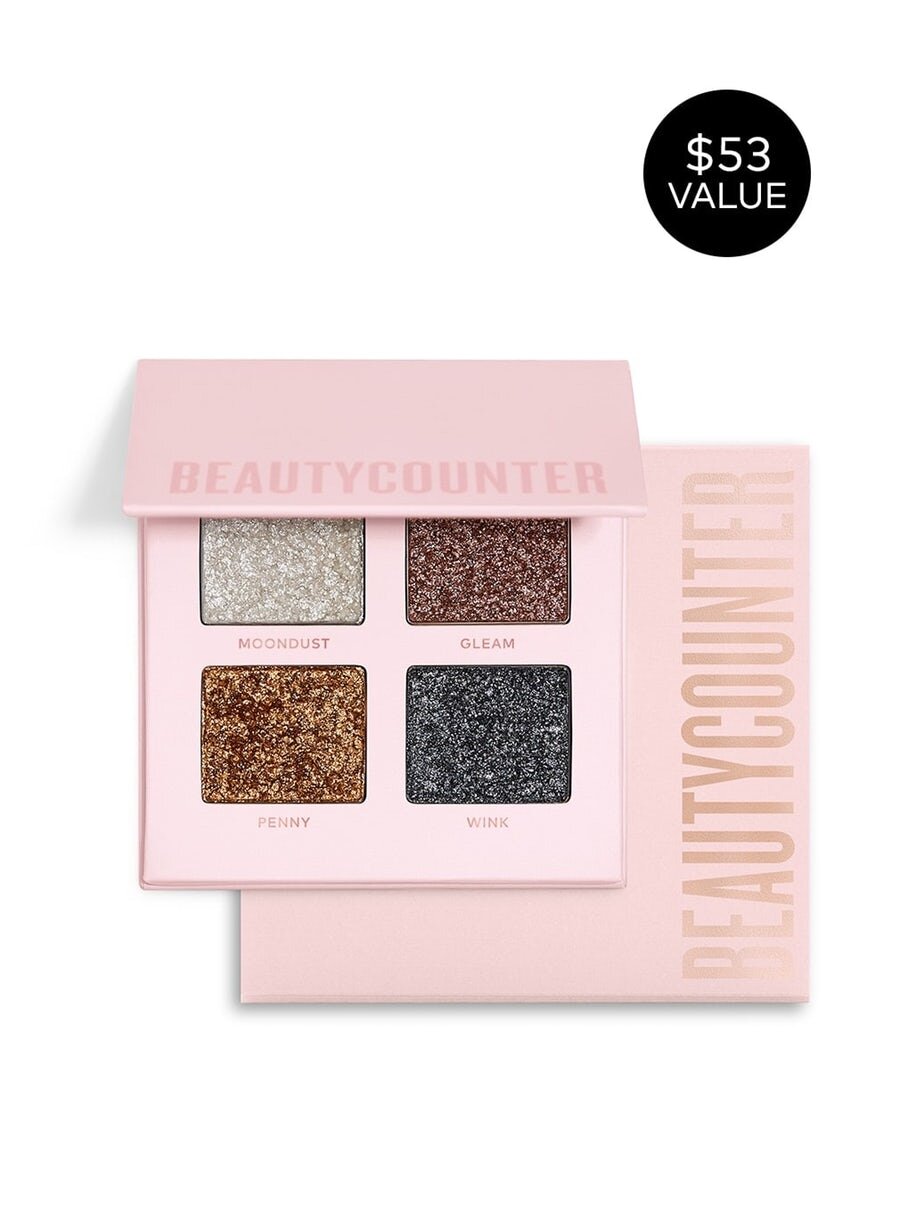   BEAUTY COUNTER EYES PARKLERS PALETTE: A limited-edition quad of glittering eyeshadow toppers that can be worn alone or layered with another eyeshadow. Includes Moondust (sparkling white); Gleam (sparkling rose gold); Penny (sparkling bronze gold); 