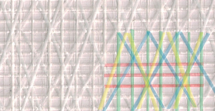 Photo 1. Warp yarns shown in red, Fill yarns shown in green, 20° X-Ply yarns shown in yellow and 30° X-Ply yarn show in blue. The two sets of X-Ply yarns are closer to the fill direction than the warp direction to support the loads along the leech, where the highest loads in the sail run.