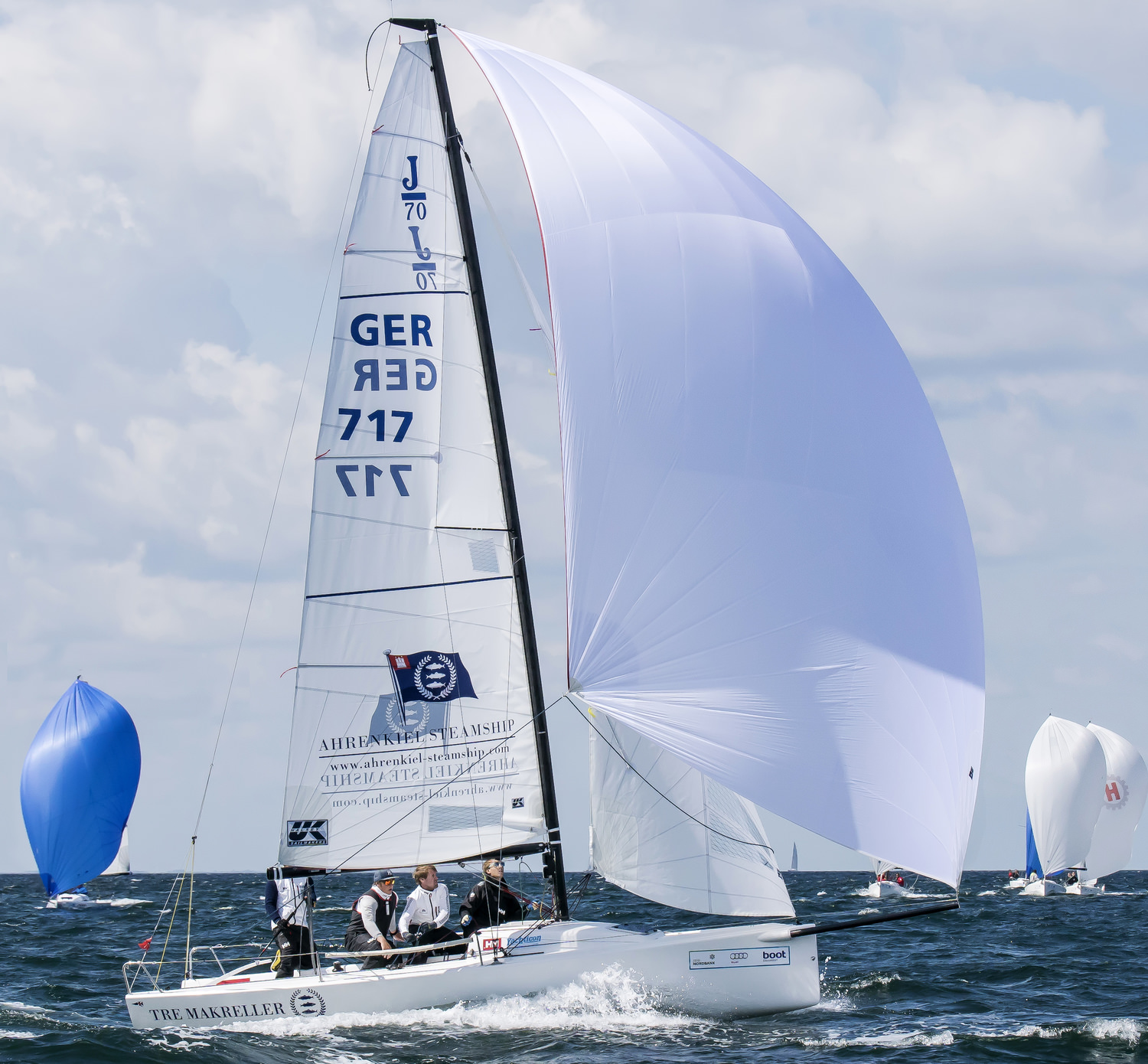 At UK Sailmakers Texas we’ve had an incredible amount of development in our partnership with UK Germany and Claus Lehmann, owner of J/70 #717. We’ve developed a new mainsail based on the differences between the US based Southern Spars masts and the European Selden masts. Our European design has more luff curve allowing us to utilize the same tuning guide and jib for both setups. We’ve also begun utilizing Dimension Polyant’s new Pro Radial material which is specially designed to meet the high demands of high performance radial sails like the J/70 jib. Just below is a shape shot of our fourth generation J/70 jib design.