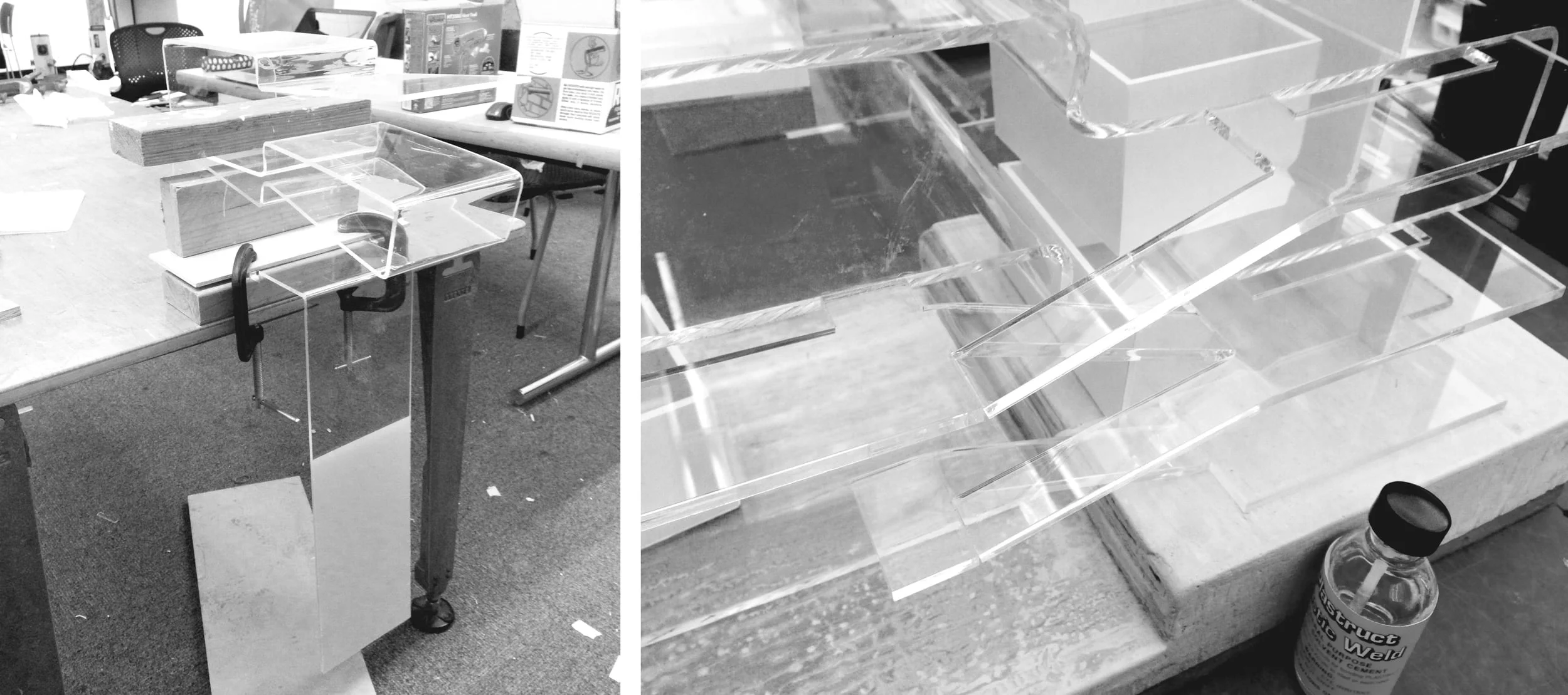 Left: Bending the 96"x6" acrylic with a heat gun and a 2"x4" jig. Right: Attaching the circulatory ramps.