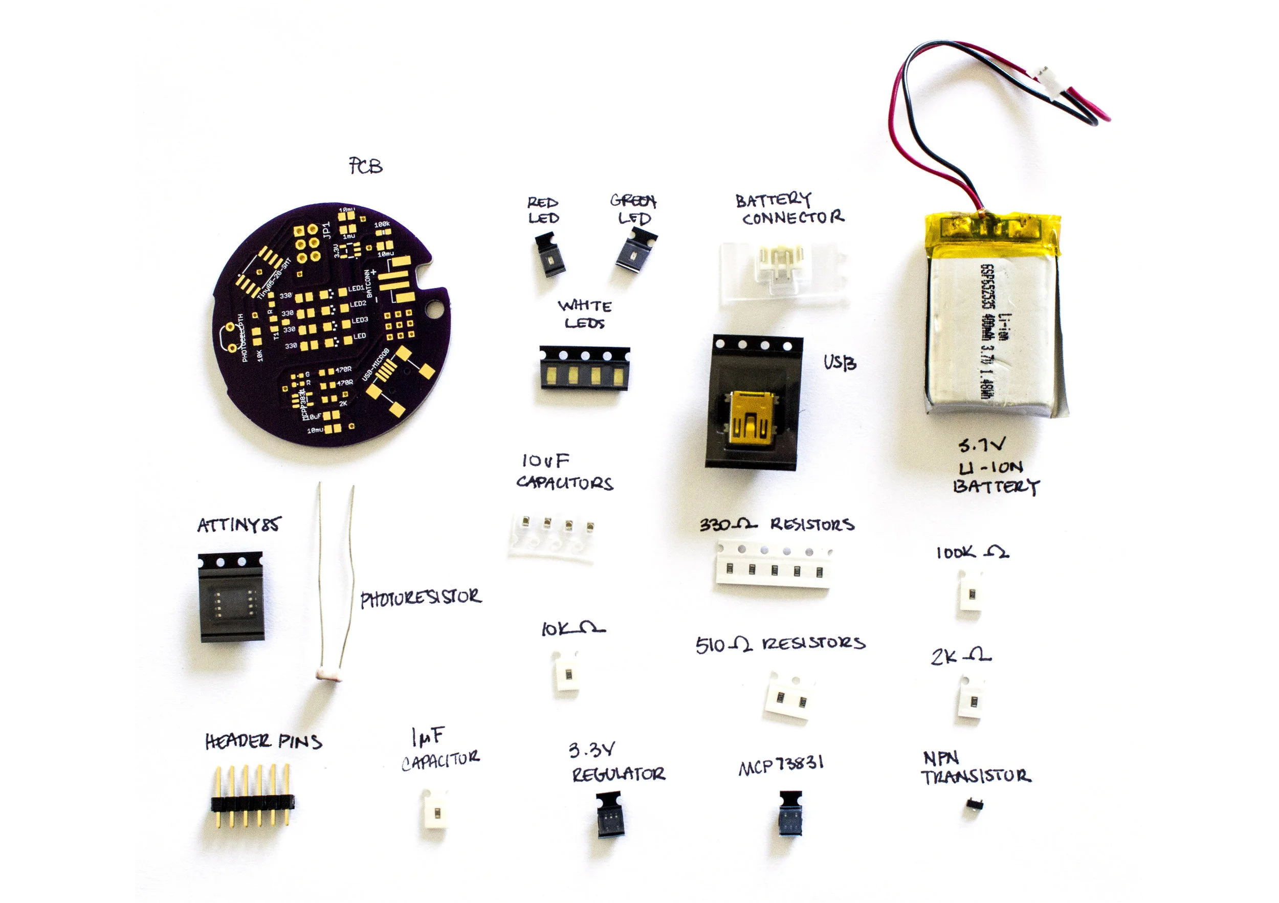 My custom PCB and all the components for the Mr. Octopus nightlight.