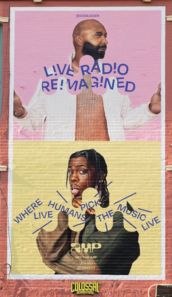 Colorful mural featuring two people, one at the top with a bald head and beard, and one at the bottom with dreadlocks, surrounded by text promoting radio and music events.