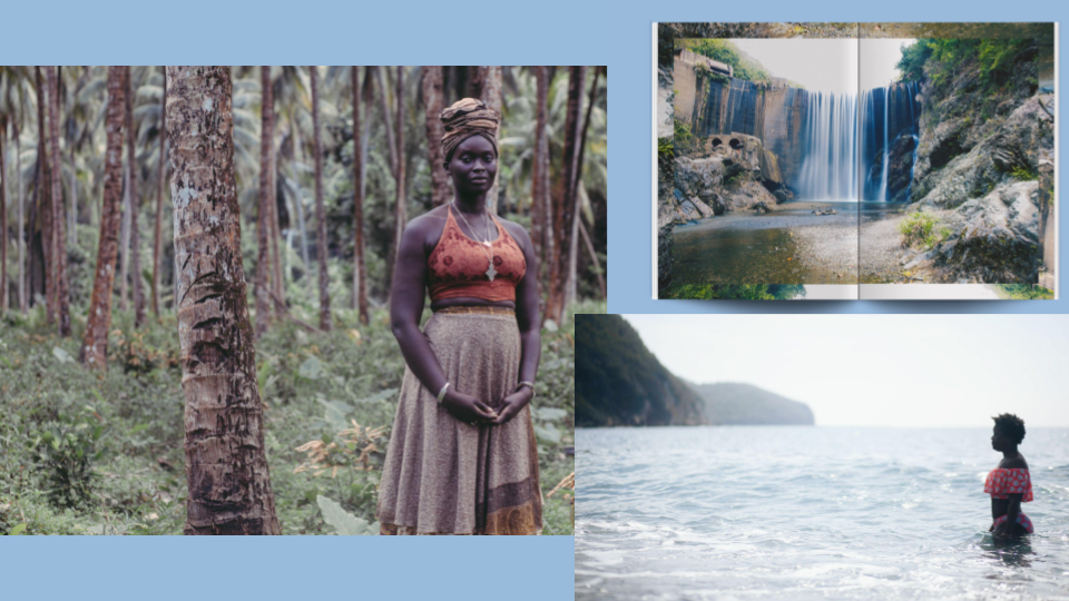 A woman standing in a lush forest next to a tree, wearing traditional clothing and accessories.