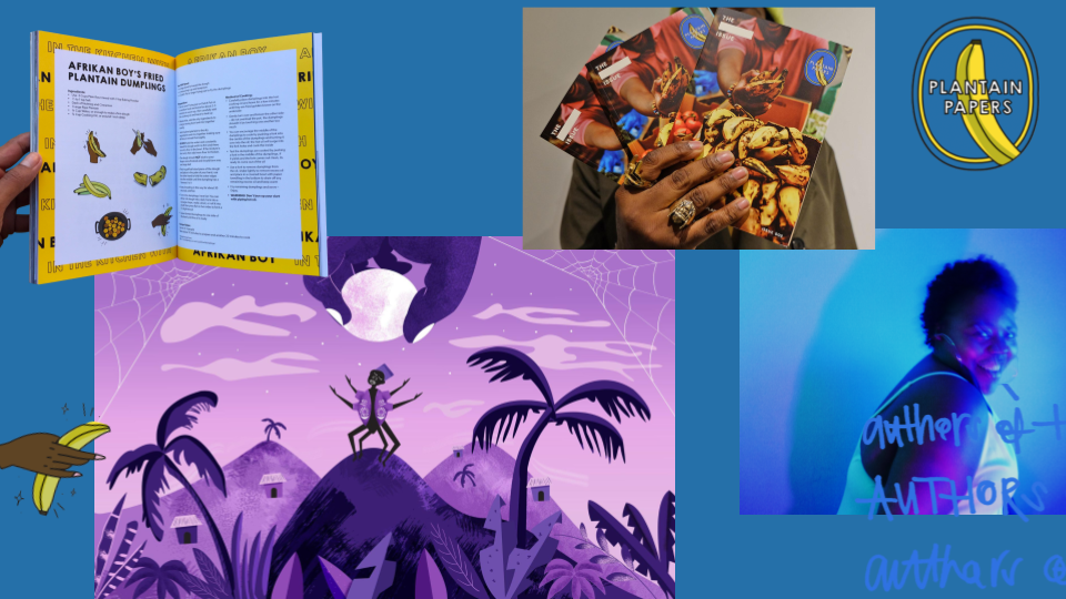 A collage featuring a book about African boy's fried plantain dumplings, a person holding multiple food books, a logo for Plantain Papers, a vibrant animated scene with a person standing on a mountain at night surrounded by palm trees, and a woman with short curly hair smiling in front of blue lighting.