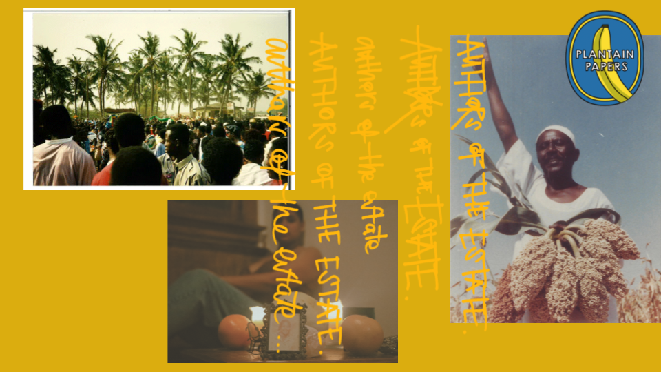 Collage featuring a crowd of people under palm trees, a man holding a large bunch of grains in the sunlight, and a woman sitting at a table with apples. The collage includes a yellow banana sticker labeled 'Plantain Papers' and orange handwritten text overlaying the images.