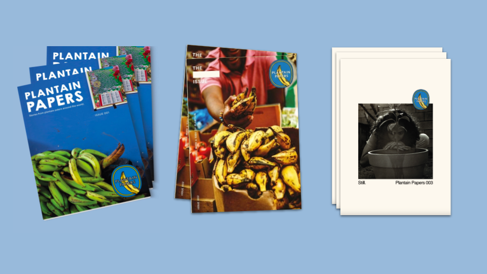 Three sets of publications related to planting topics: the first set features a magazine titled 'Plantain Papers' with an image of green plantains; the second set shows a magazine with a person holding ripe bananas; the third set includes printed images with a black-and-white photo of a person leaning over a bowl, labeled 'Plantain Papers 003' and marked as still.