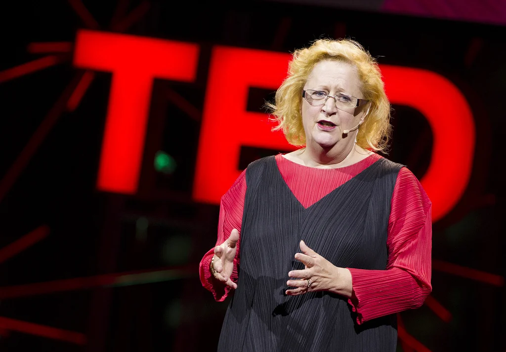 Margaret Heffernan delivering her TED talk, "Forget the pecking order at work."