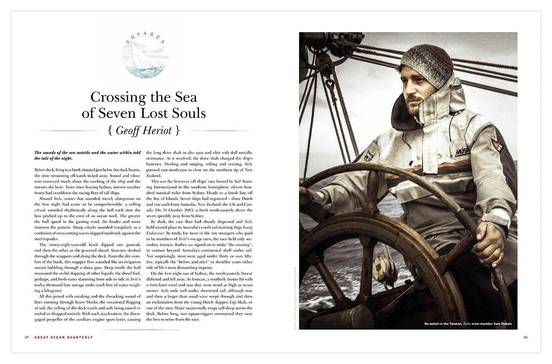 Photograph of Sam Dubois at the helm of the Tecla , by Jeff Herriot with toning by Richard Goodwin