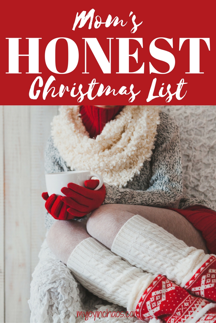 woman in sweater with coffee mug titled mom's honest christmas list