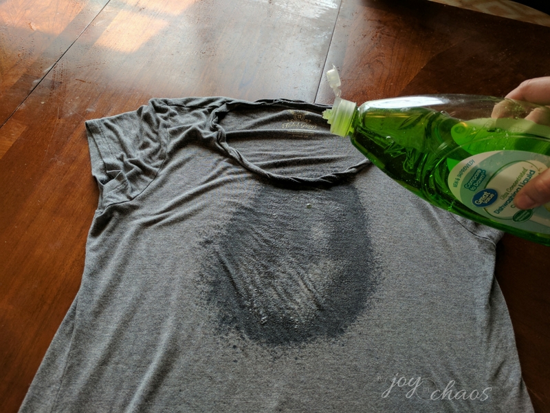grey shirt with stain remover and dish soap