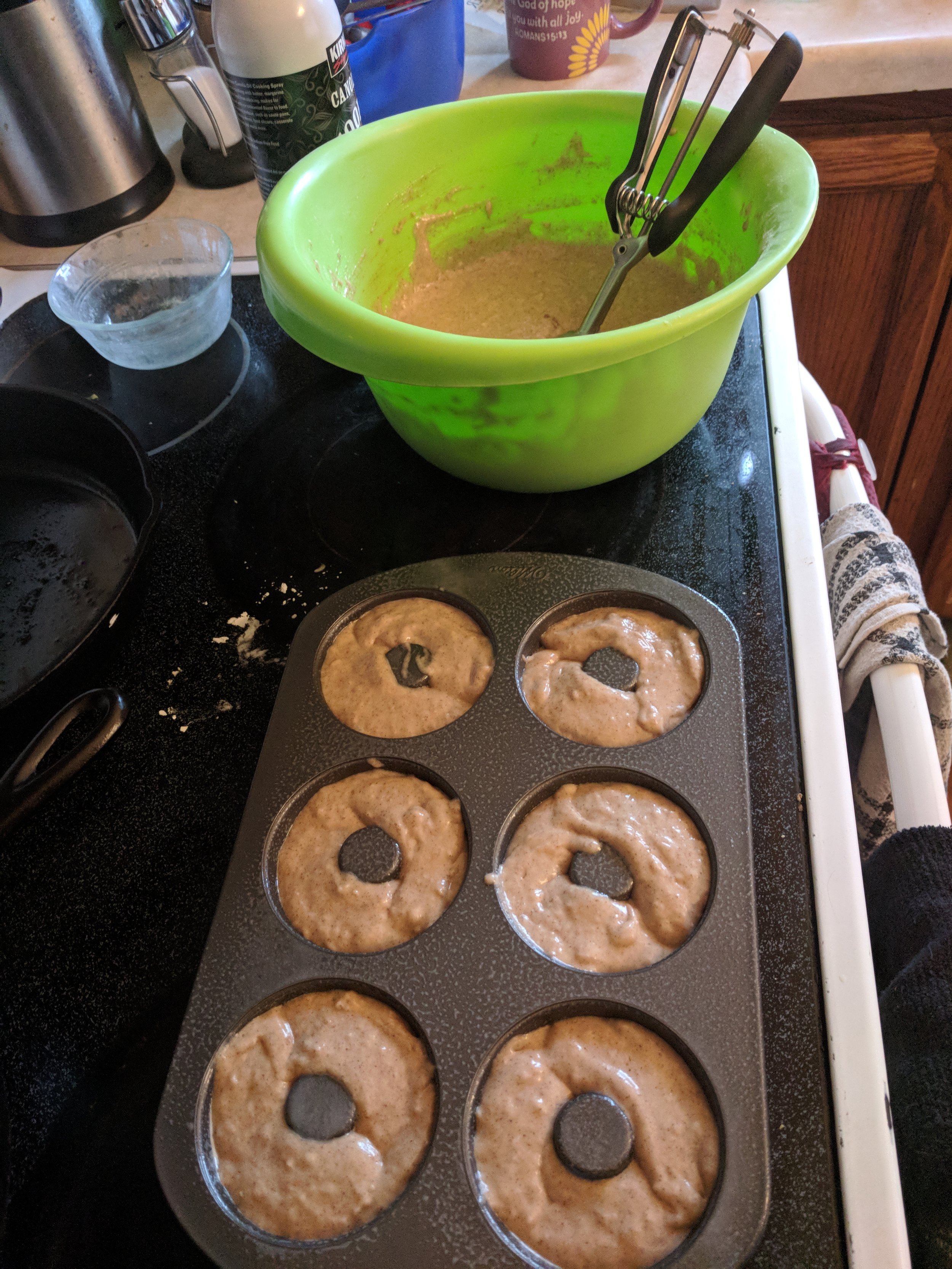  Use a cookie scoop for portioning batter into donut pans 