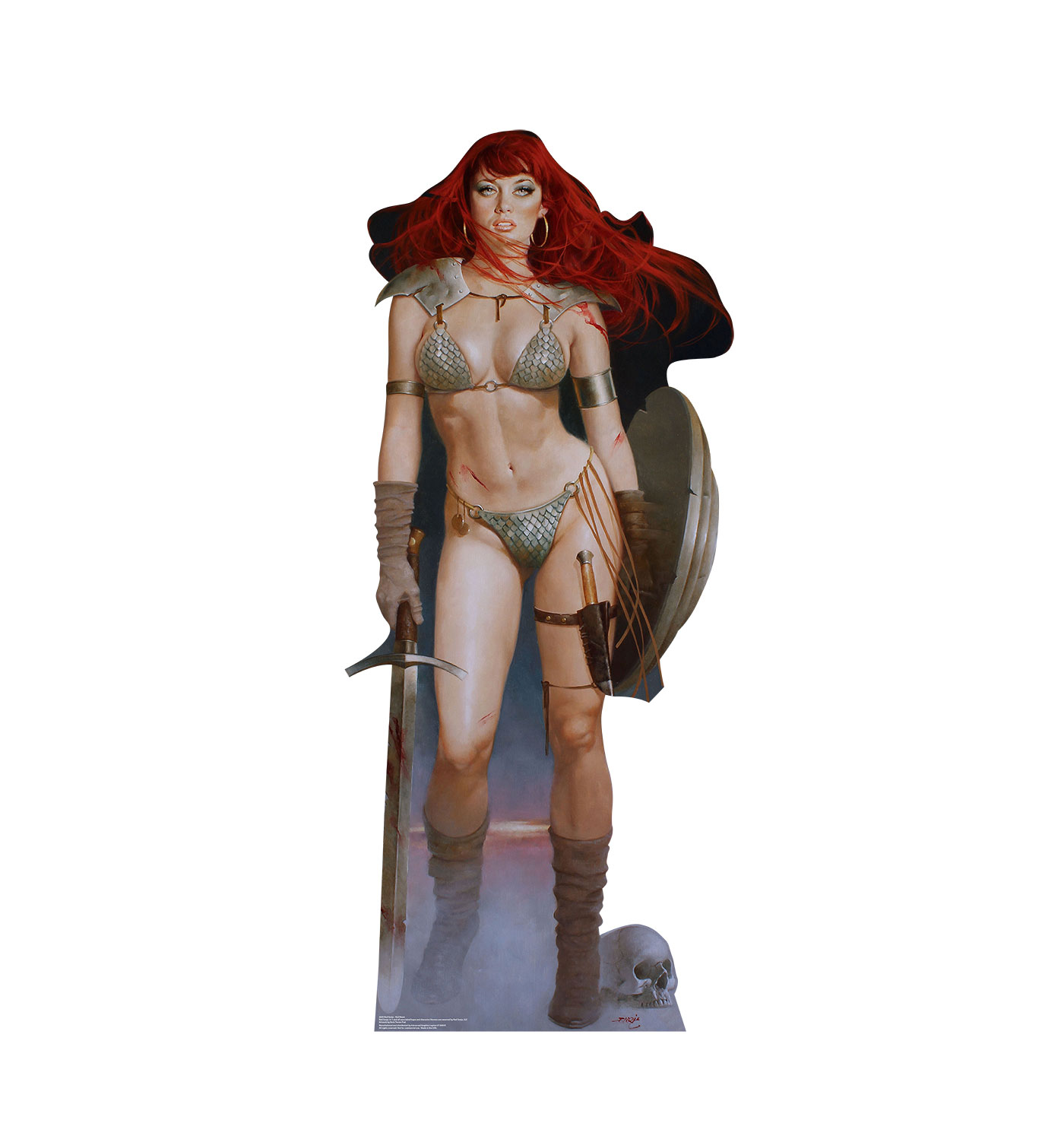This is a lifesize cardboard cutout of Red Sonja, known as the “She-Devil with a Sword.” Red Sonja is more than a match for any man in combat. First appearing in Marvel Comics in 1973, Red Sonja became the standard example of beautiful warrior woman. Get your cardboard cutout of this beautiful swordswoman today! Size : 70″ x 30″ Sku # 2234