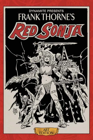 Celebrate the seminal work of legendary fantasy illustrator Frank Thorne with this gorgeous hardcover collection, presenting for the first time the actual storyboard artwork from his complete 1976 run of swords-and-sorcery icon Red Sonja appearances in the Marvel Feature comic book series. Scanned in high-resolution color and printed at original size, Frank Thorne's Red Sonja Art Edition preserves every detail of the artist's meticulous skill and hard work, while simultaneously presenting a complete storyline for the enjoyment of longtime She-Devil fans. Limited to initial orders ONLY. - PRESENTING THE ART OF THE DEFINITIVE RED SONJA ARTIST AT ITS ORIGINAL SIZE IN AN OVERSIZED HARDCOVER EDITION! - FEATURING HIGH RESOLUTION, COLOR SCANS OF FRANK THORNE'S ORIGINAL ARTWORK FROM HIS PERSONAL COLLECTION! - THE FIRST IN A SERIES OF ART EDITIONS FROM DYNAMITE!