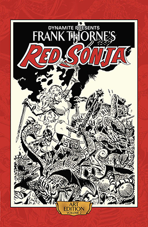 Following-up on the best-selling, and soon to be sold out Volume 1, celebrate fantasy illustration's shining star with Frank Thorne's second Red Sonja Art Edition! The consummate She-Devil artist shares his original storyboards from the first six issues of the acclaimed 1977 Red Sonja comic book series. Scanned in high-resolution color and printed at original size, this gorgeous hardcover collection preserves every detail of the artist's meticulous skill and hard work, while simultaneously presenting a complete storyline for all to enjoy. Limited to initial orders ONLY. ? PRESENTING THE ART OF THE DEFINITIVE RED SONJA ARTIST AT ITS ORIGINAL SIZE IN AN OVERSIZED HARDCOVER EDITION! FEATURING HIGH RESOLUTION, COLOR SCANS OF FRANK THORNE'S ORIGINAL ARTWORK FROM HIS PERSONAL COLLECTION! ? THE SECOND IN A SERIES OF ART EDITIONS FROM DYNAMITE!