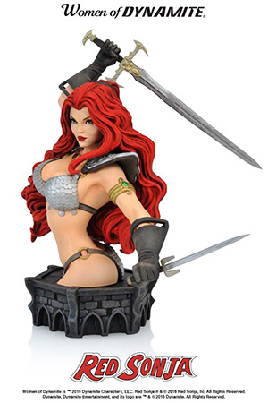 The first of Dynamite Entertainment's new series of busts inspired by the artwork of comic book master Art Adams! Sculpted by Jason Smith and modeled after Adams' gorgeous cover to the landmark Red Sonja #50, this Limited Edition poly-resin bust has cast metal details and stands approximately 7.5" height (to the top of the She-Devil's sword hand), with a base measuring 3" by 5.5". Packaged in a four-color display box, this highly-detailed Red Sonja Bust celebrates one of the industry's finest artists, and one of fantasy's most iconic women!