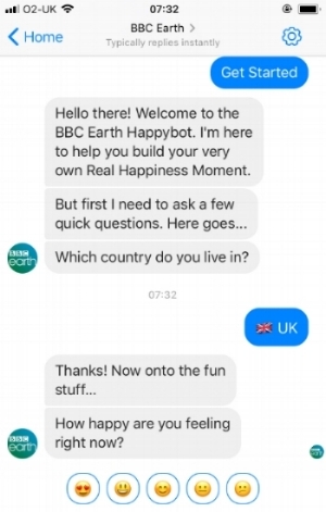 BBC Earth's bot, with message cards and emoji-based quick reply buttons.