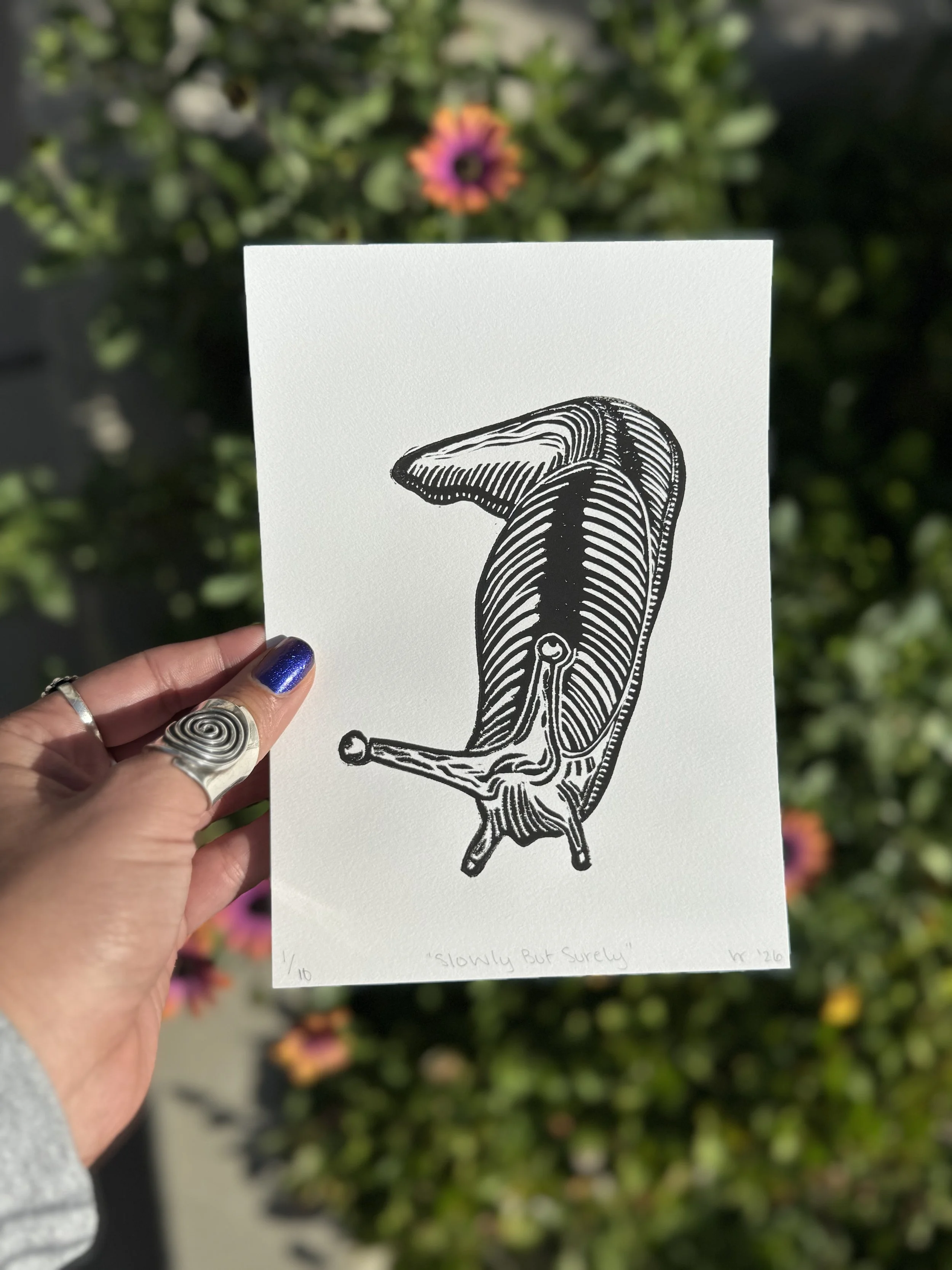 Black and white banana slug linoprint