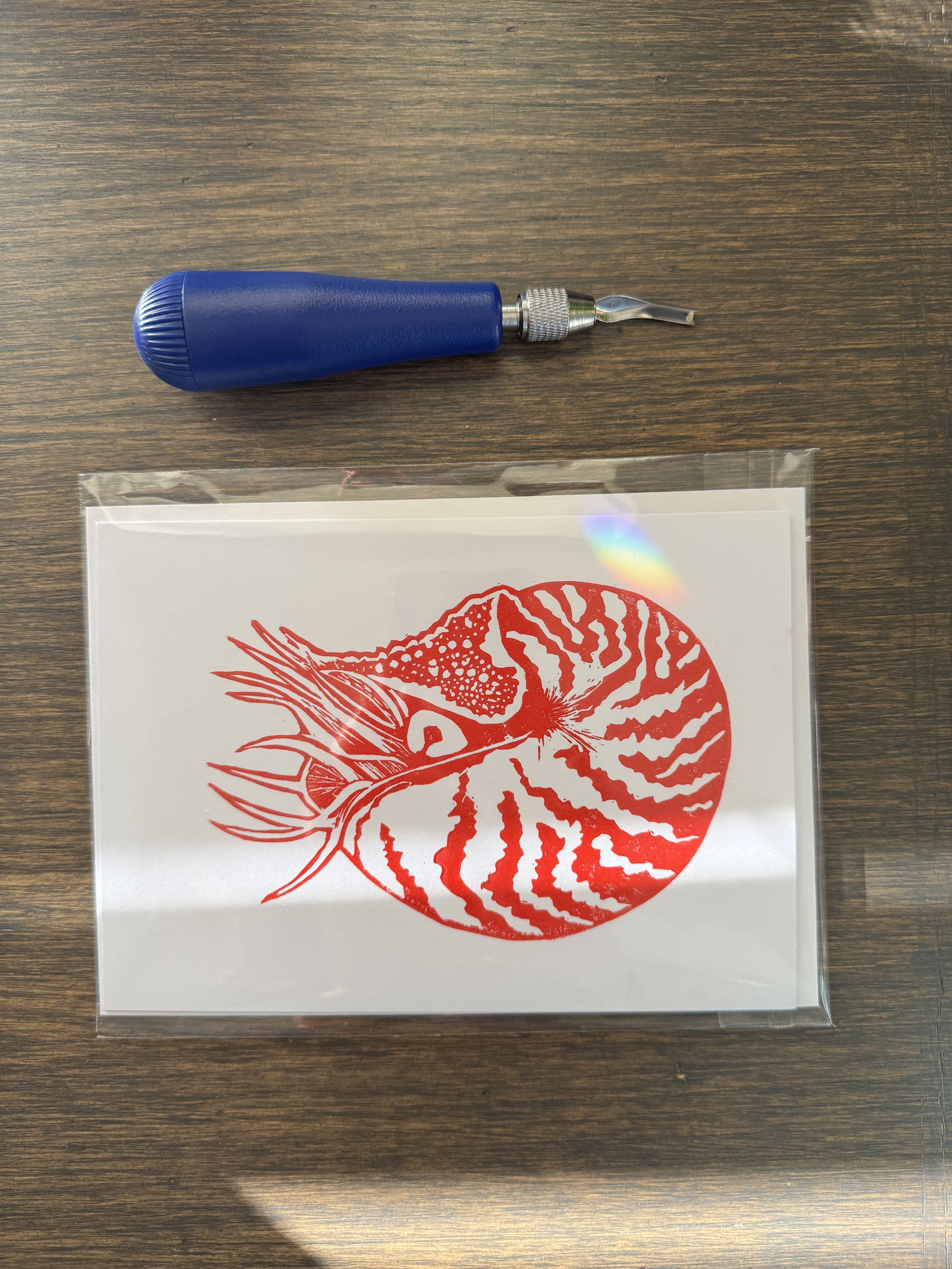 A red nautilus print laid out on a table with a blue linoleum carving tool above it
