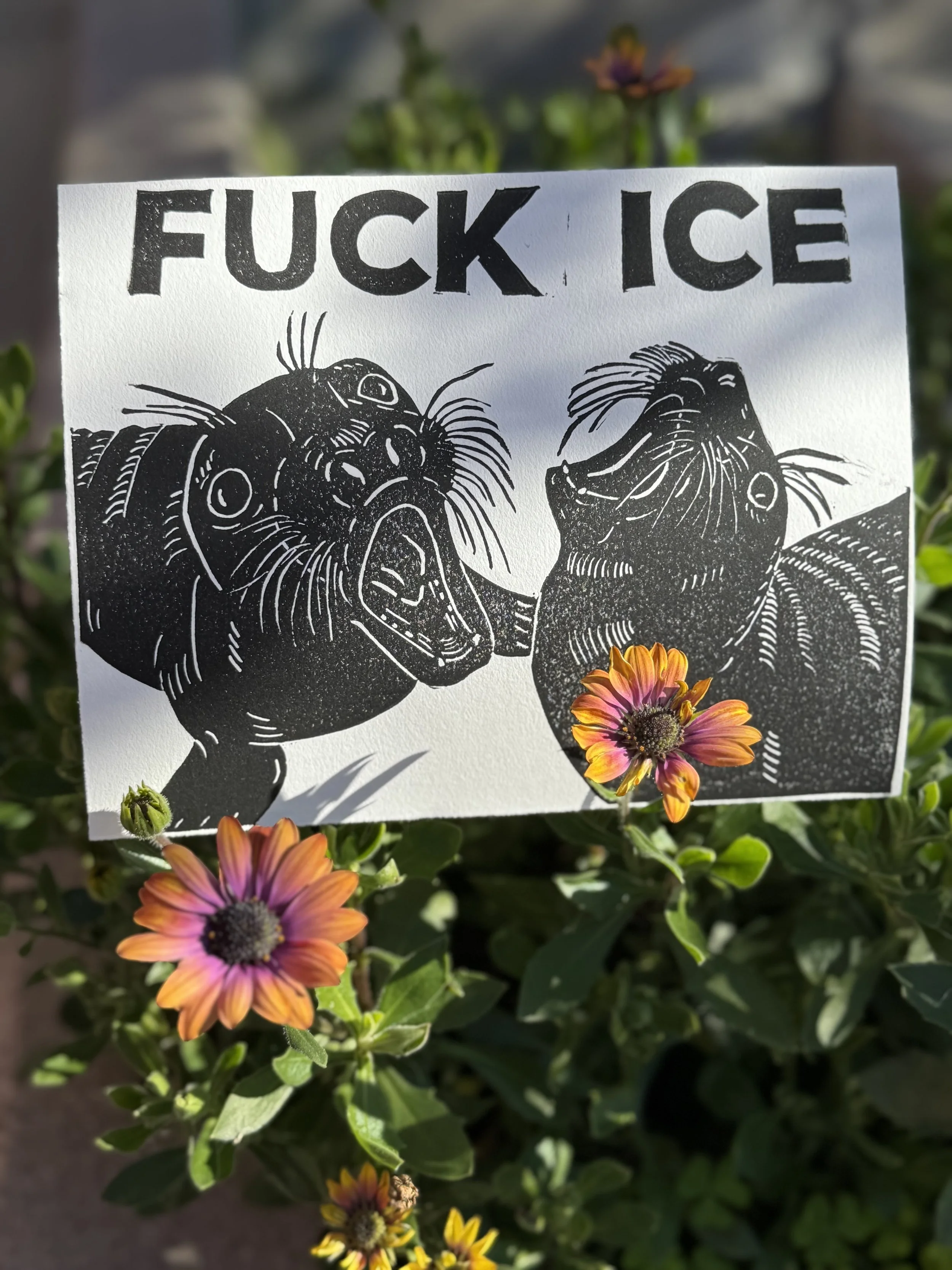 Two black linoprinted elephant seal pups throw their heads back screaming "FUCK ICE"