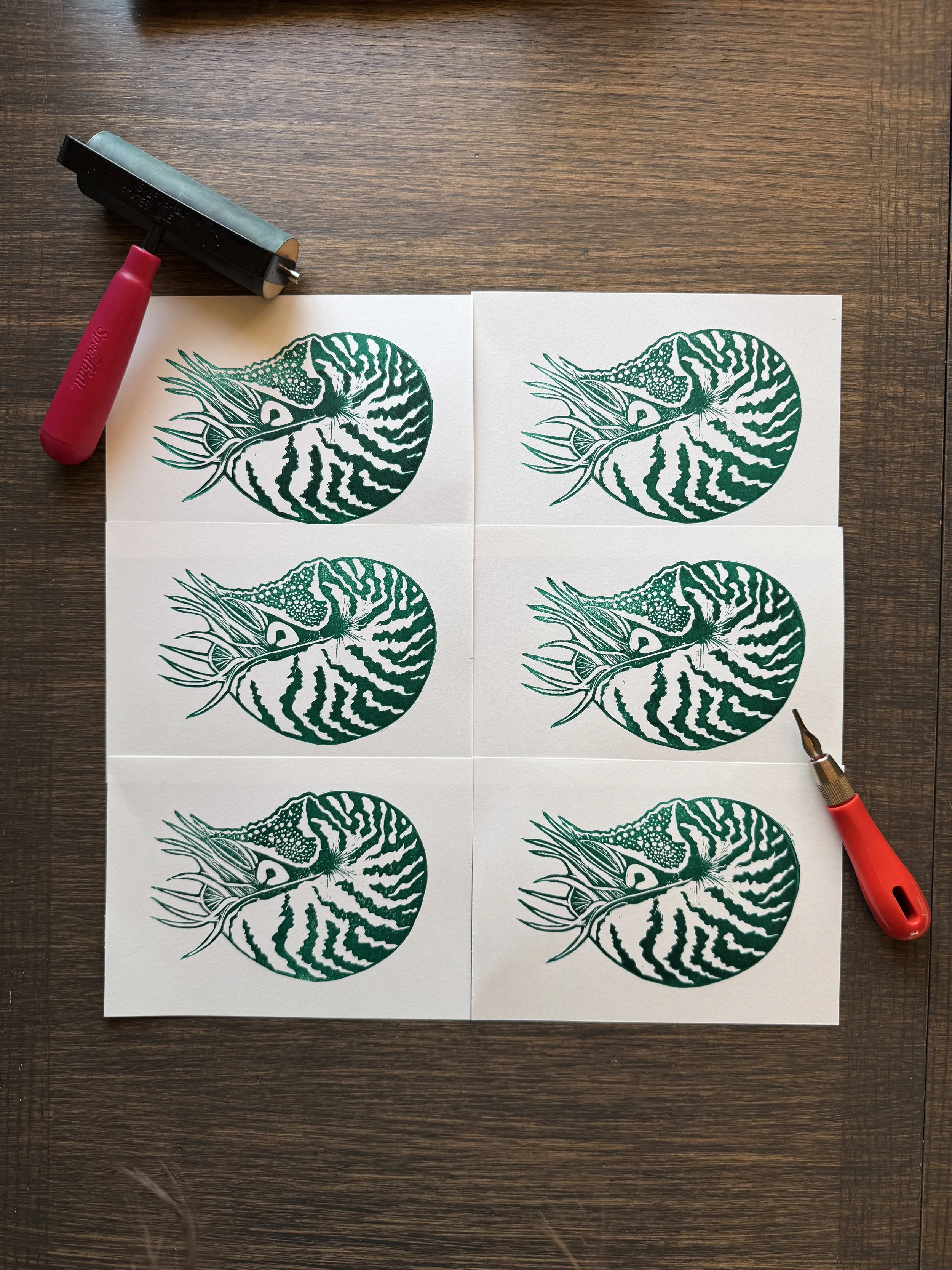 6 nautilus prints in pthalo green laid out on a table with a linoprinting brayer and carving tool framing the top left and bottom right corner