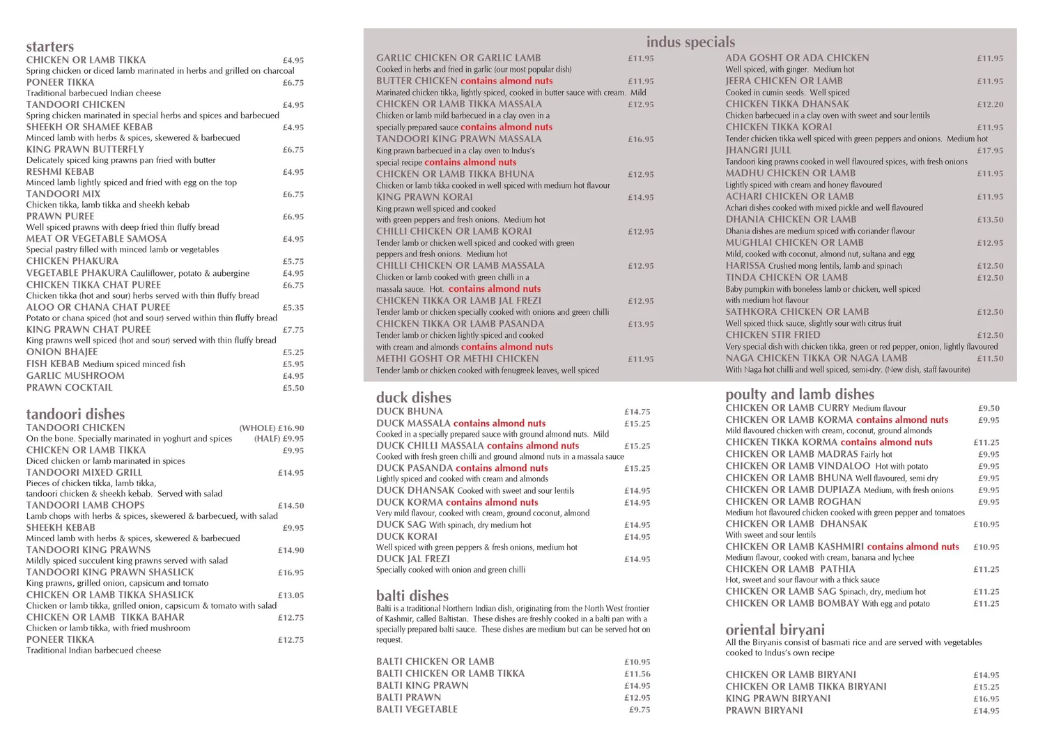 Indus takeaway menu page 1