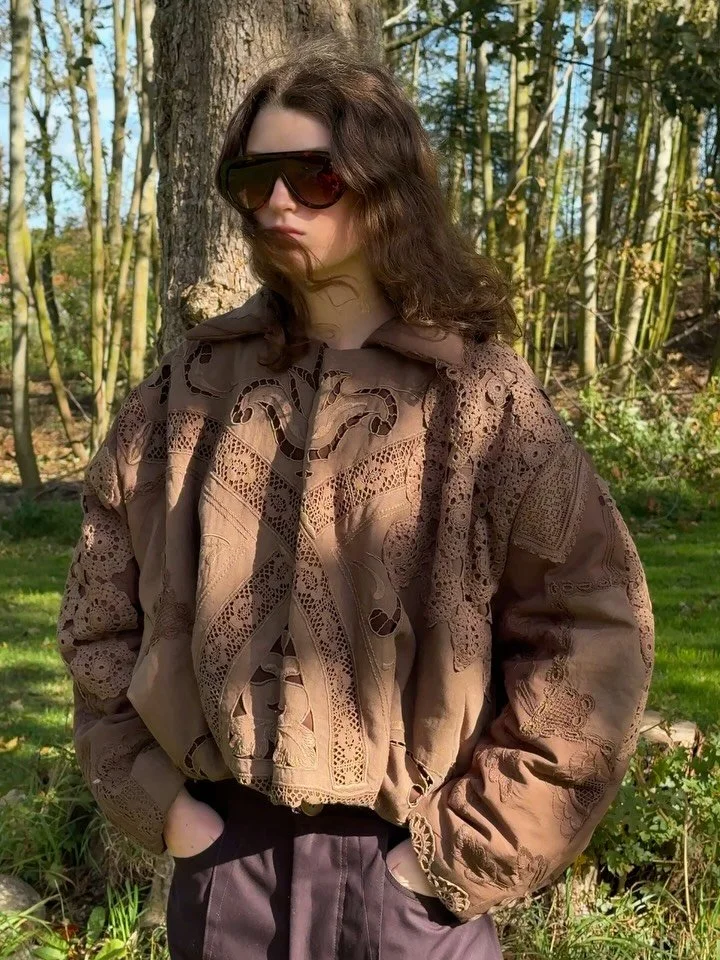 From table cloth to bomber jacket..
This jacket has been pieced together from my family&rsquo;s heritage handcrafted linens.. It&rsquo;s a very personal piece that feels modern and contemporary..