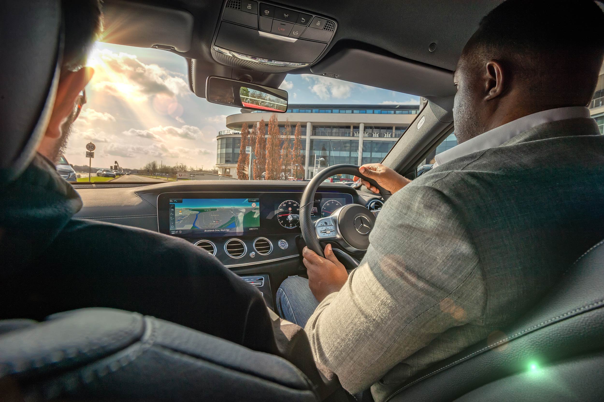 In-car photograph of a Mercedes road test after a Bolt driver event at Mercedes-Benz World