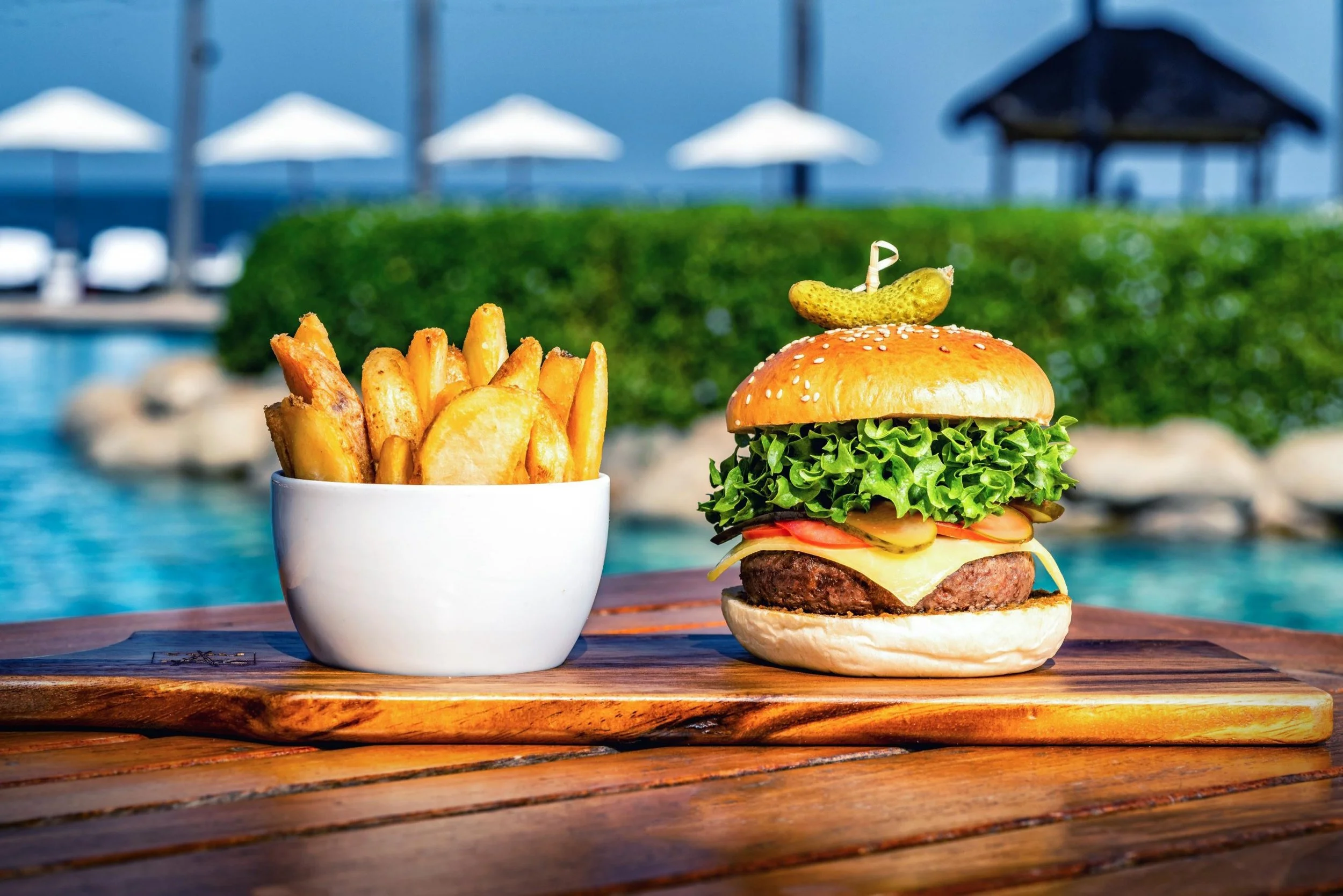 Poolside burger and fries food photography – London food photographer