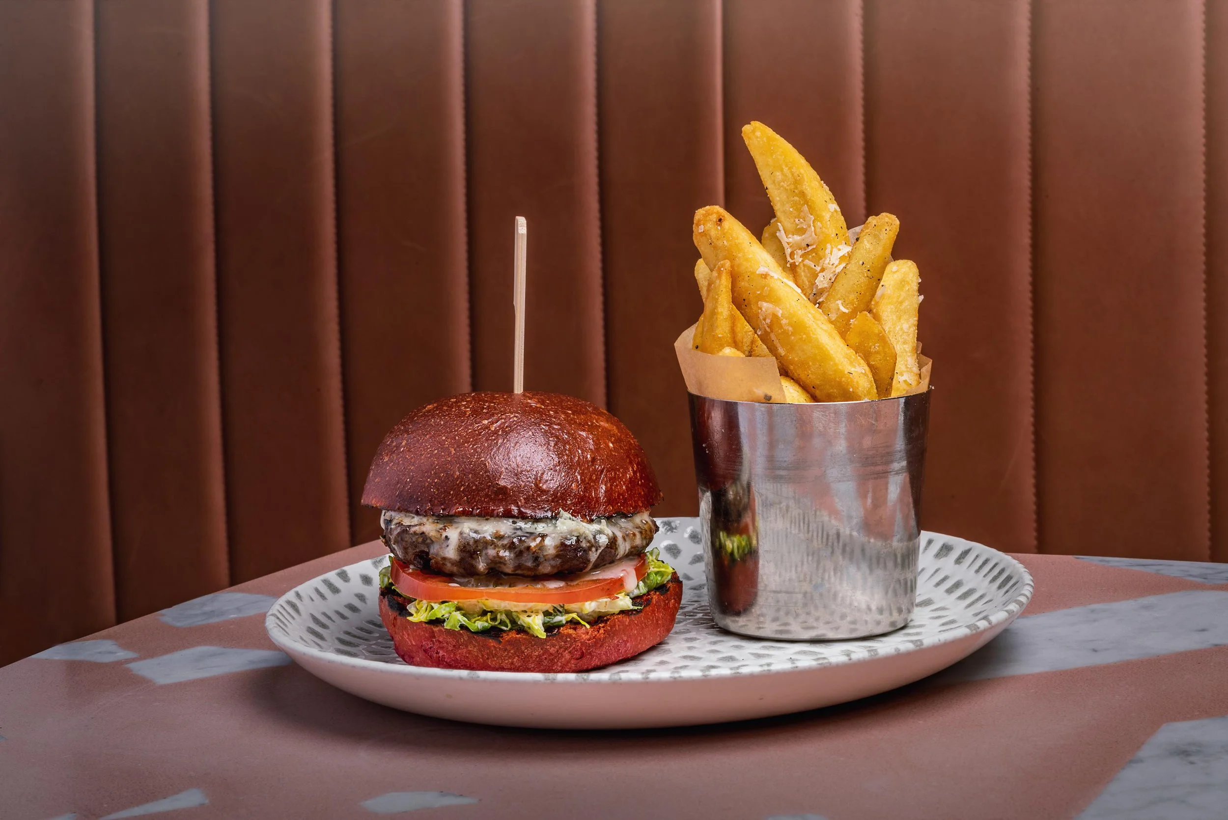 Burger and Fries in Chrome Cup at Shakedown Restaurant – London Food Photographer