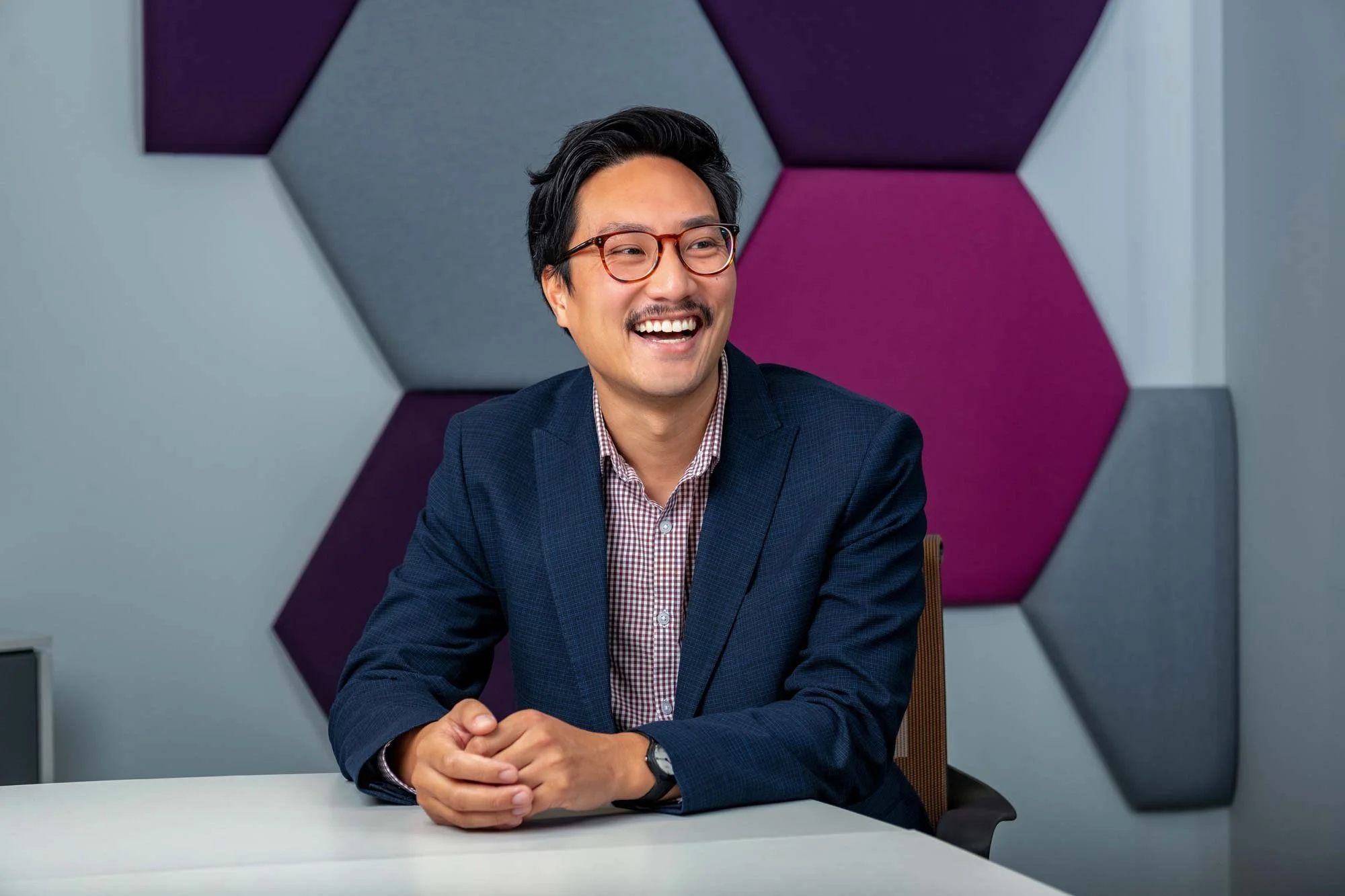 Corporate Headshot Blue Blazer Modern Office London – Business Portrait Photographer London