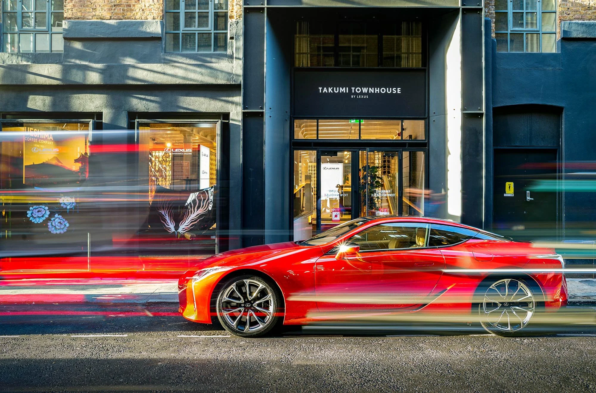 Red Lexus LC outside Takumi Townhouse brand activation photography London