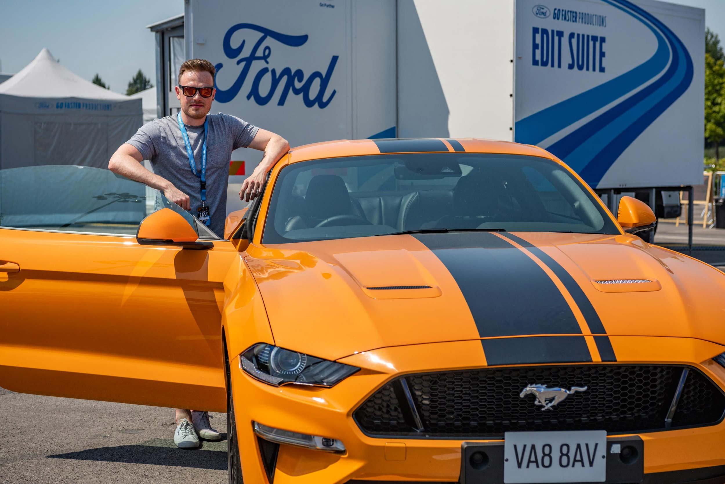 Ford Mustang at brand activation event with presenter – automotive experiential photography London
