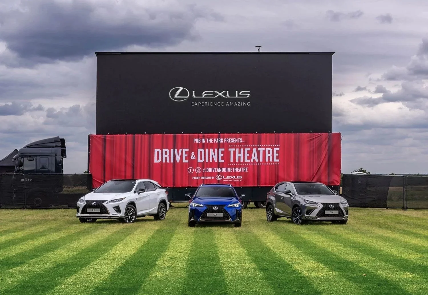 Lexus cars in front of the Drive & Dine Theatre outdoor cinema, brand activation photography London