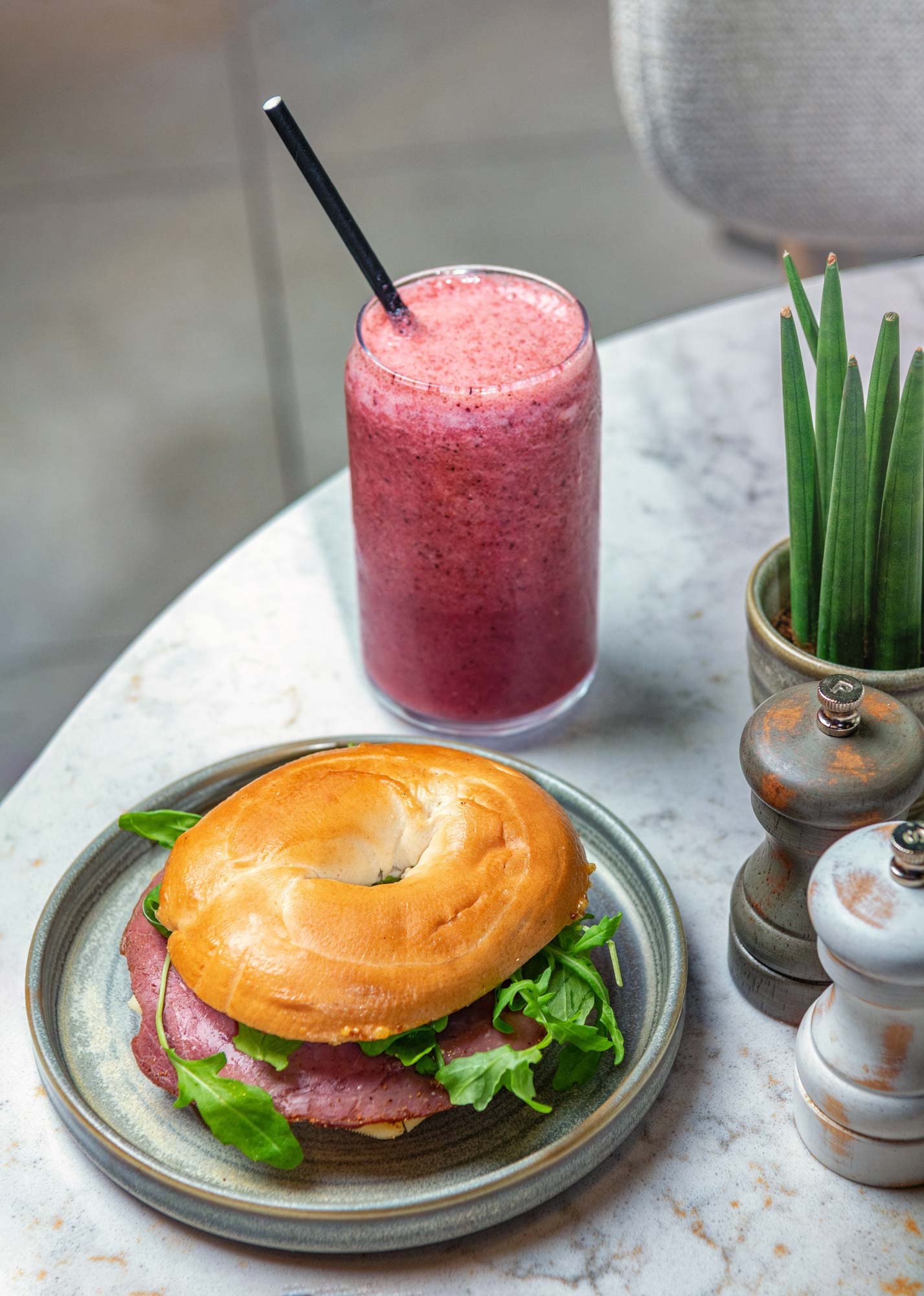Bagel and Smoothie at Lost Property Hotel Cafe – London Food Photography
