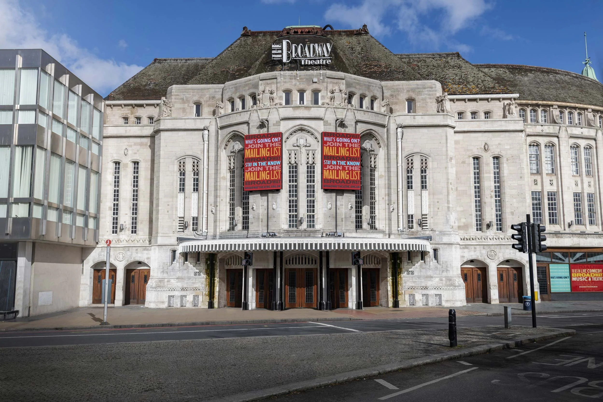 Front exterior of Broadway Theatre in Catford, London, showing its historic stone façade and entrance.