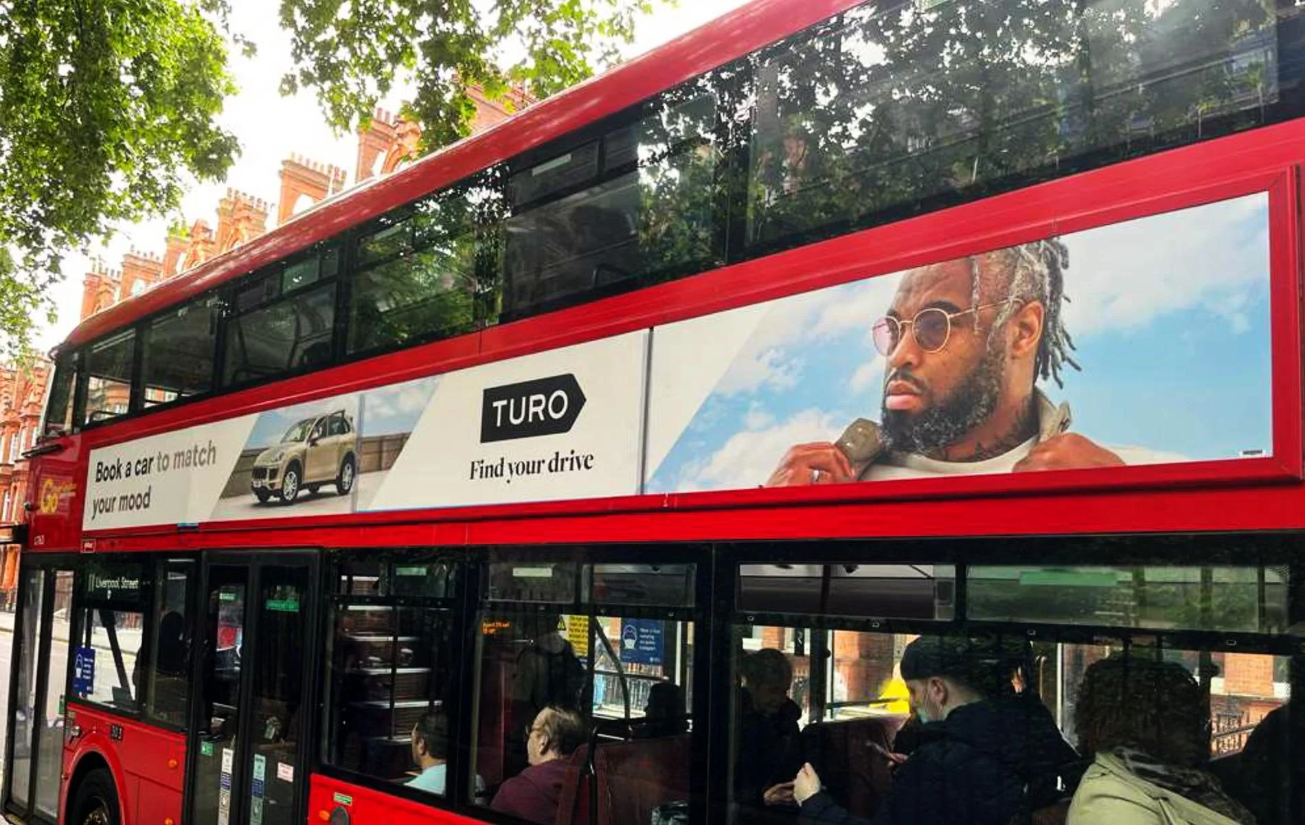 Turo campaign on a London bus near Liverpool Street