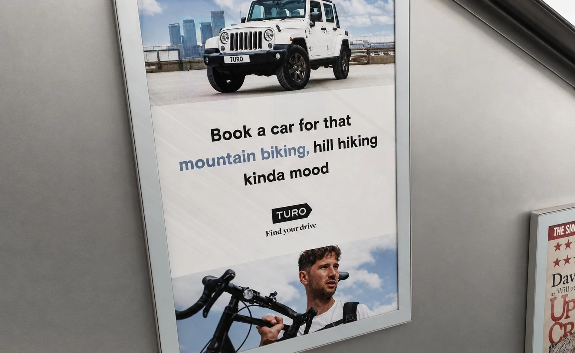Turo Jeep advertising poster on London Underground escalator
