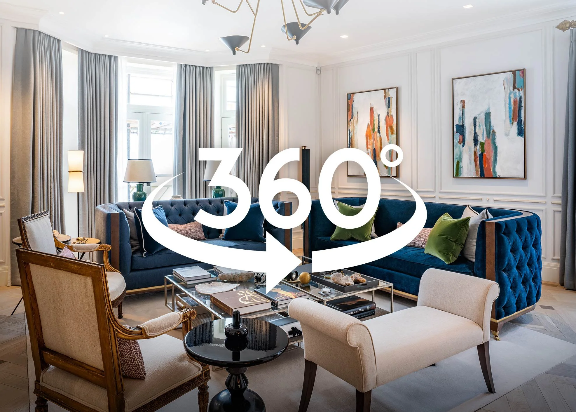 16K 360 virtual tour of The Draycott luxury living area in Chelsea London, overlaid with white 360 tour logo