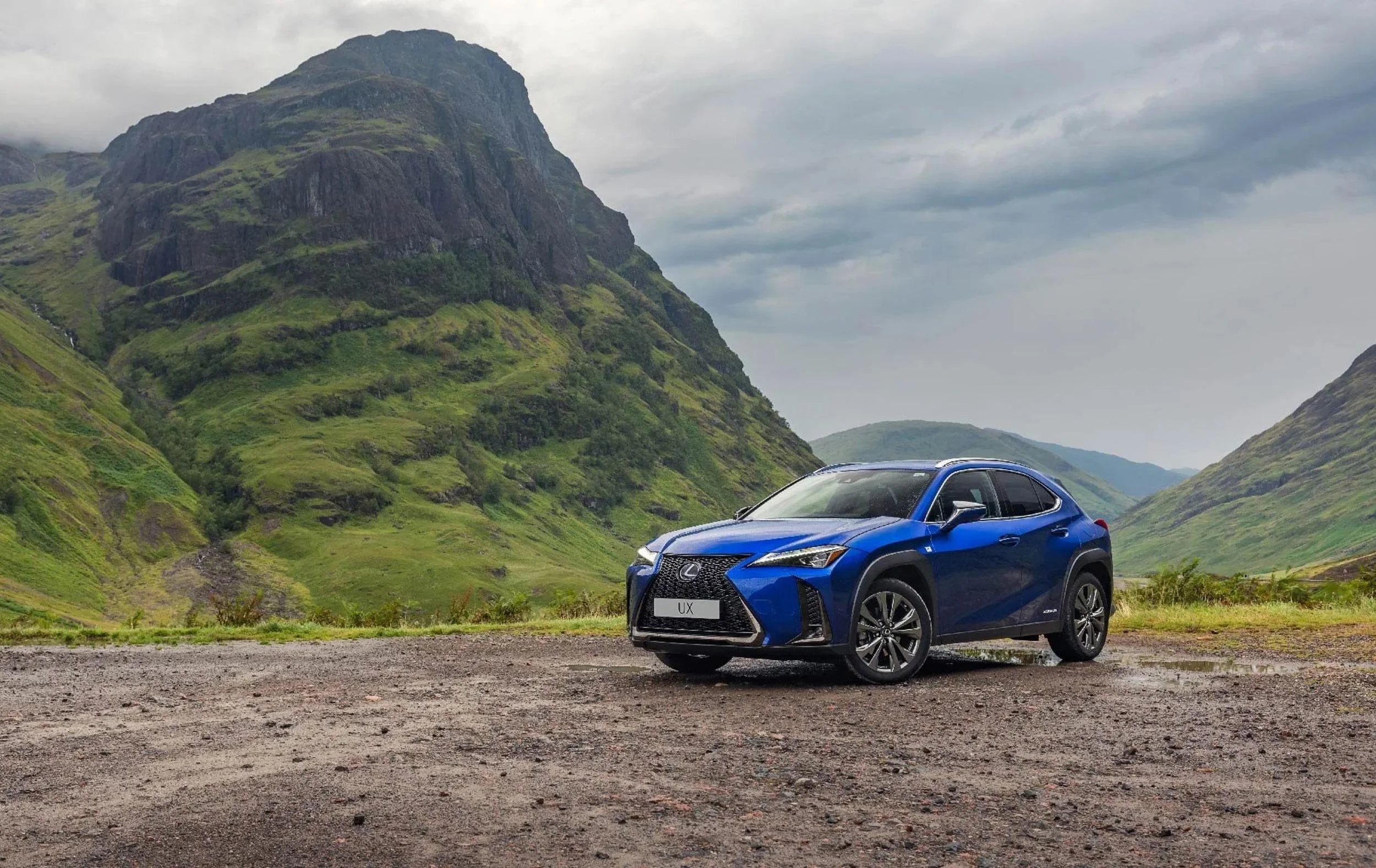 Lexus UX photographed on a mountain road in Glencoe, Scotland.