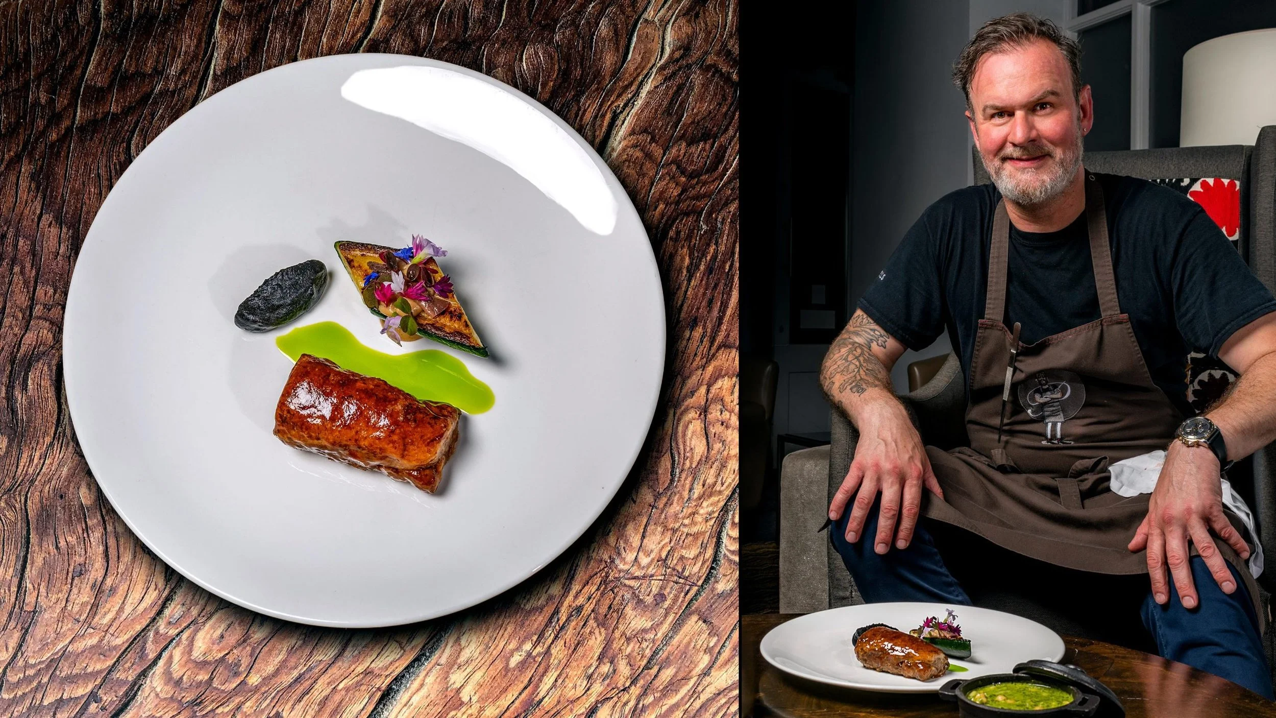 Michelin Star Chef Glynn Purnell with Signature Meat Dish at Purnell's Restaurant, Birmingham