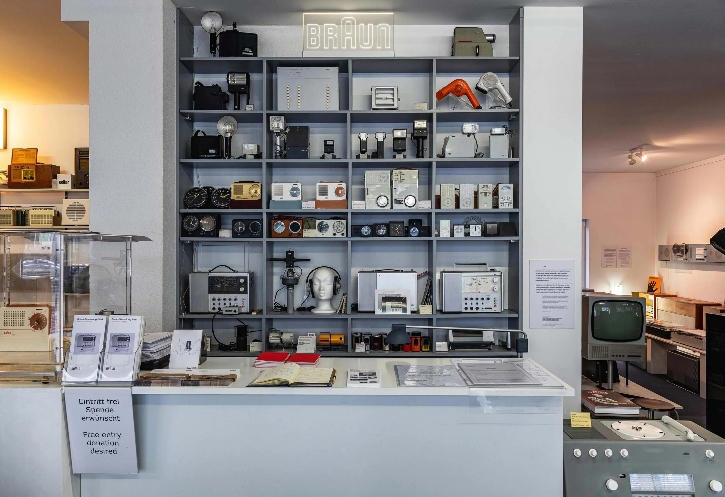Display of historic Braun radios, cameras, clocks and household products at the Braun-Sammlung Ettel design collection in Berlin.