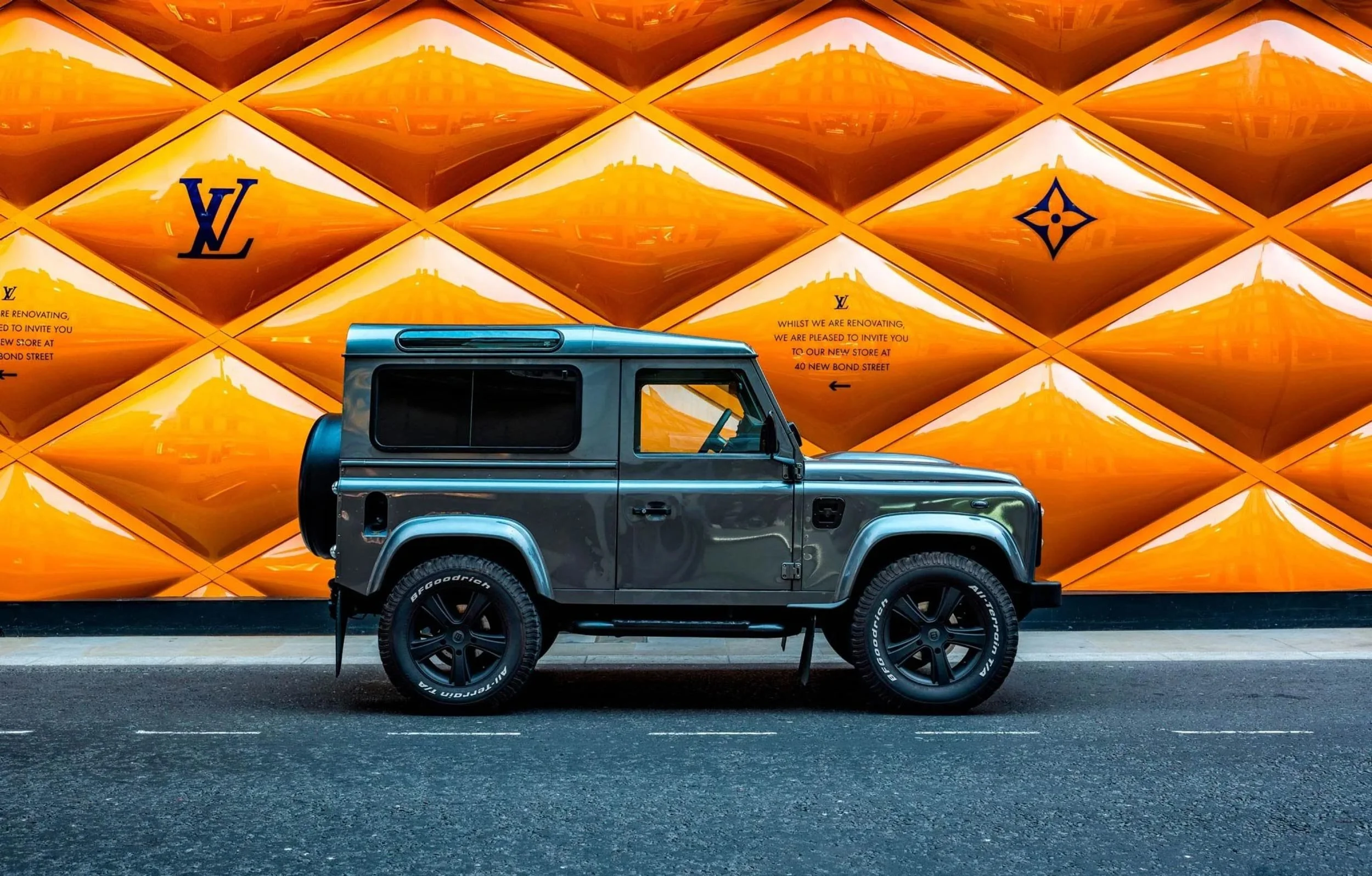 Land Rover Defender 90 photographed on New Bond Street in central London.