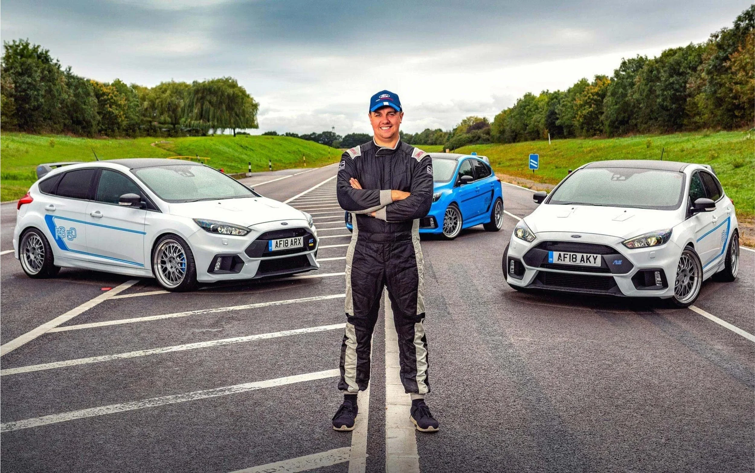 Ford Focus RS with driver photographed at Ford's Dunton Test Track.