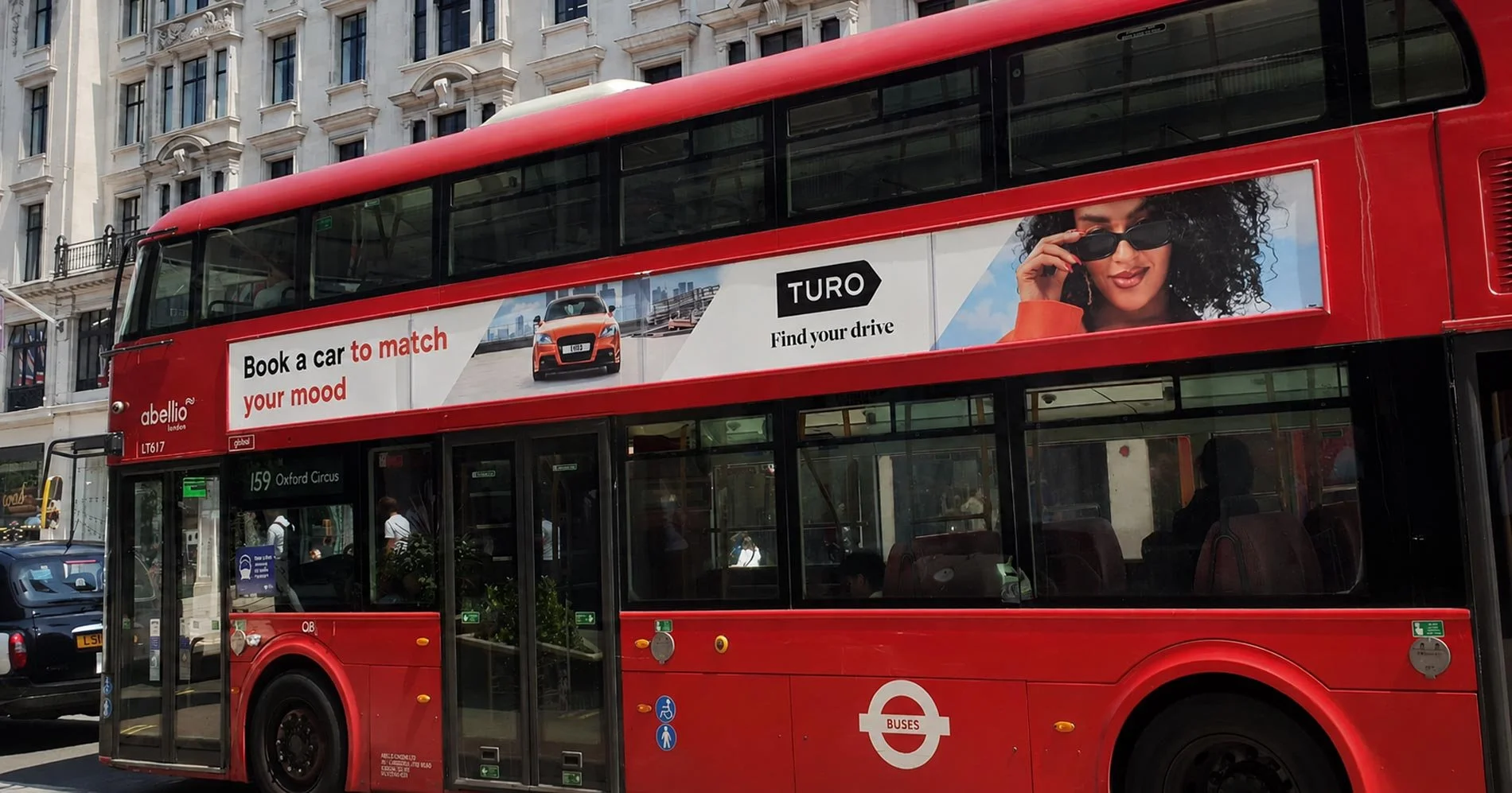 Turo advertising campaign on a London bus at Oxford Circus