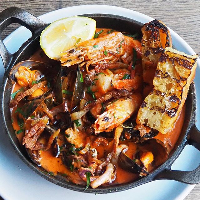 A little warming San Fran style Cioppino on special today @theseveney with crispy guanciale and sourdough focaccia. Spicy vodka broth with mussels, squid, king prawns and hake.