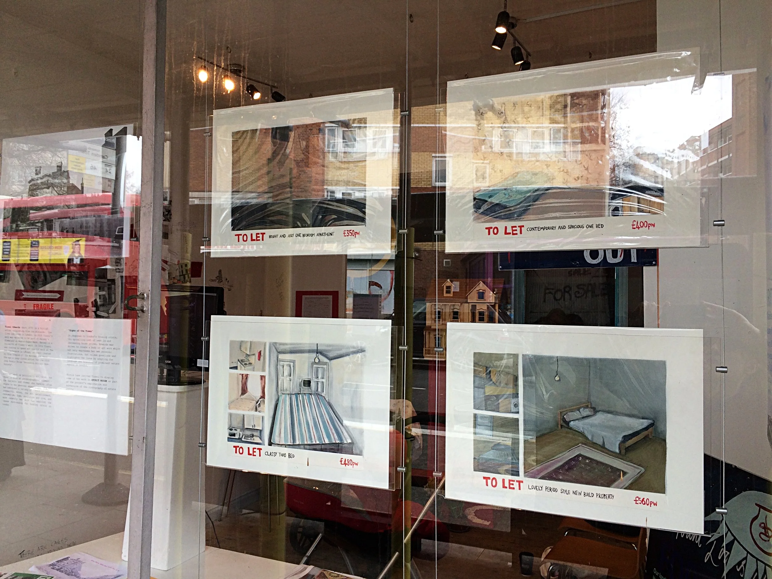 Estate Agent Paintings on display at Spirit house exhibition, London NW5. oil on paper 2017
