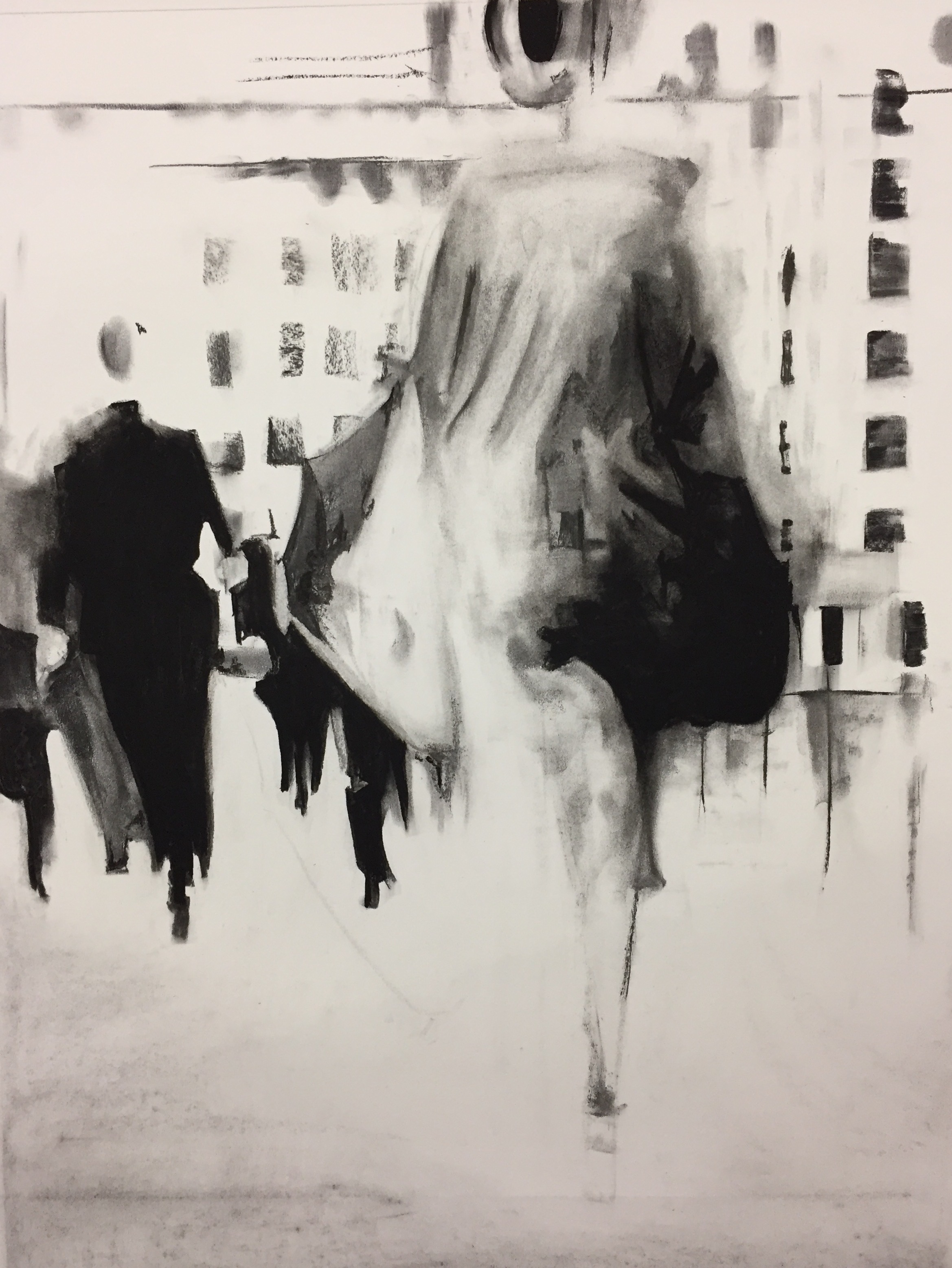 WALK AWAY I. CHARCOAL ON PAPER 73X93CM. FRAMED
